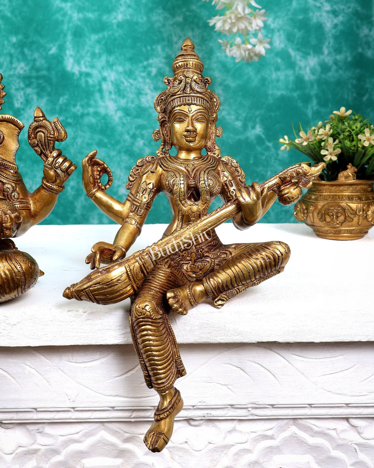 Brass Ganesh Lakshmi Saraswati Idols without base 14 inch - Budhshiv.com