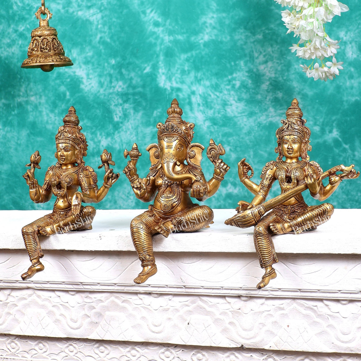 Brass Ganesh Lakshmi Saraswati Idols without base 14 inch - Budhshiv.com