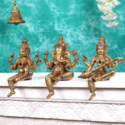 Brass Ganesh Lakshmi Saraswati Idols without base 14 inch - Budhshiv.com