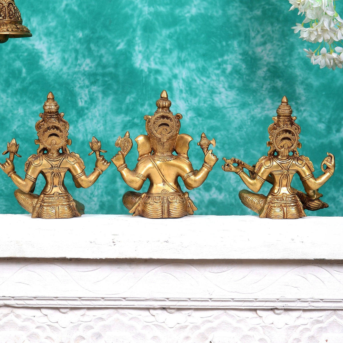 Brass Ganesh Lakshmi Saraswati Idols without base 14 inch - Budhshiv.com
