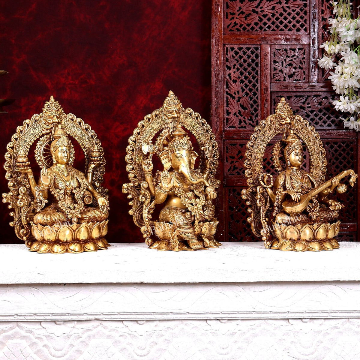 Brass Ganesh Lakshmi Saraswati large idols 15 inch - Budhshiv.com