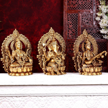 Brass Ganesh Lakshmi Saraswati large idols 15 inch - Budhshiv.com