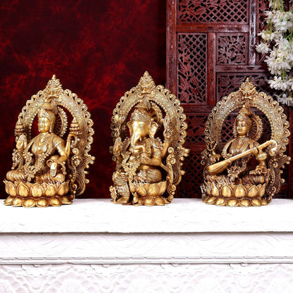 Brass Ganesh Lakshmi Saraswati large idols 15 inch - Budhshiv.com