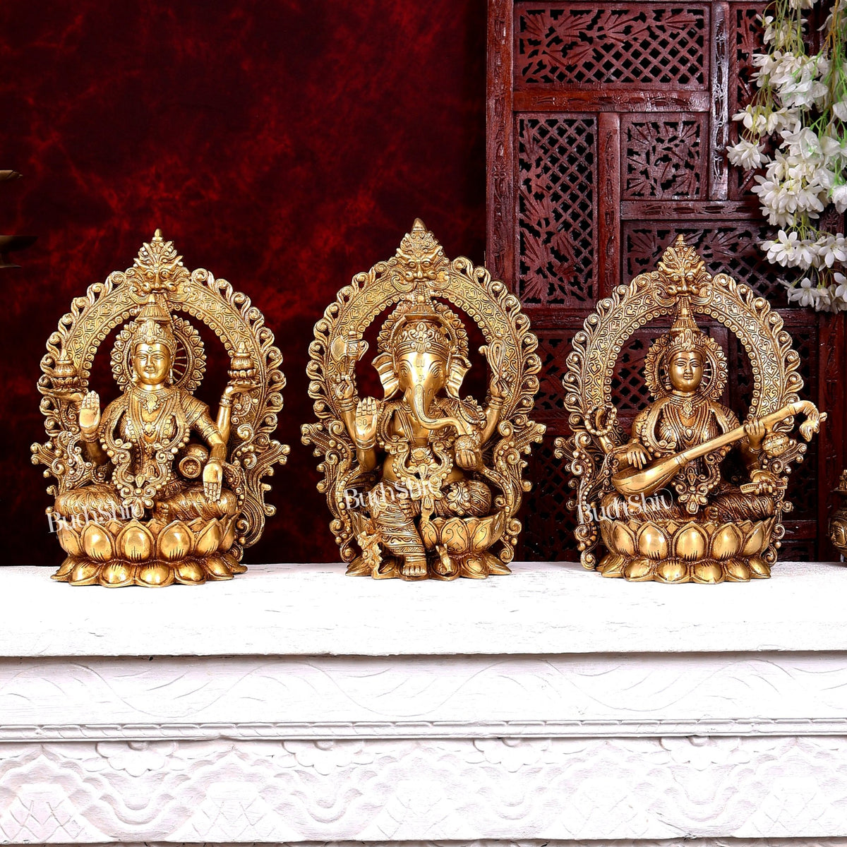 Brass Ganesh Lakshmi Saraswati large idols 15 inch - Budhshiv.com