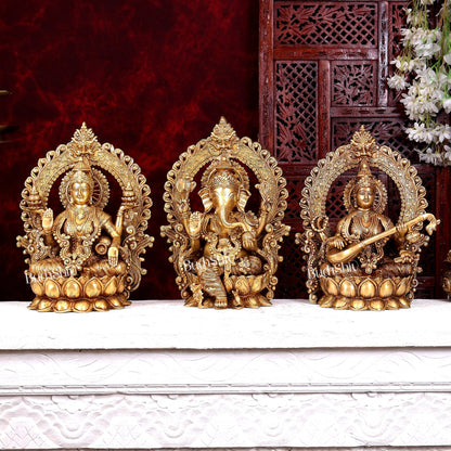 Brass Ganesh Lakshmi Saraswati large idols 15 inch - Budhshiv.com