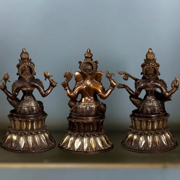 Brass Ganesh Lakshmi Saraswati set statues 15" large - Budhshiv.com