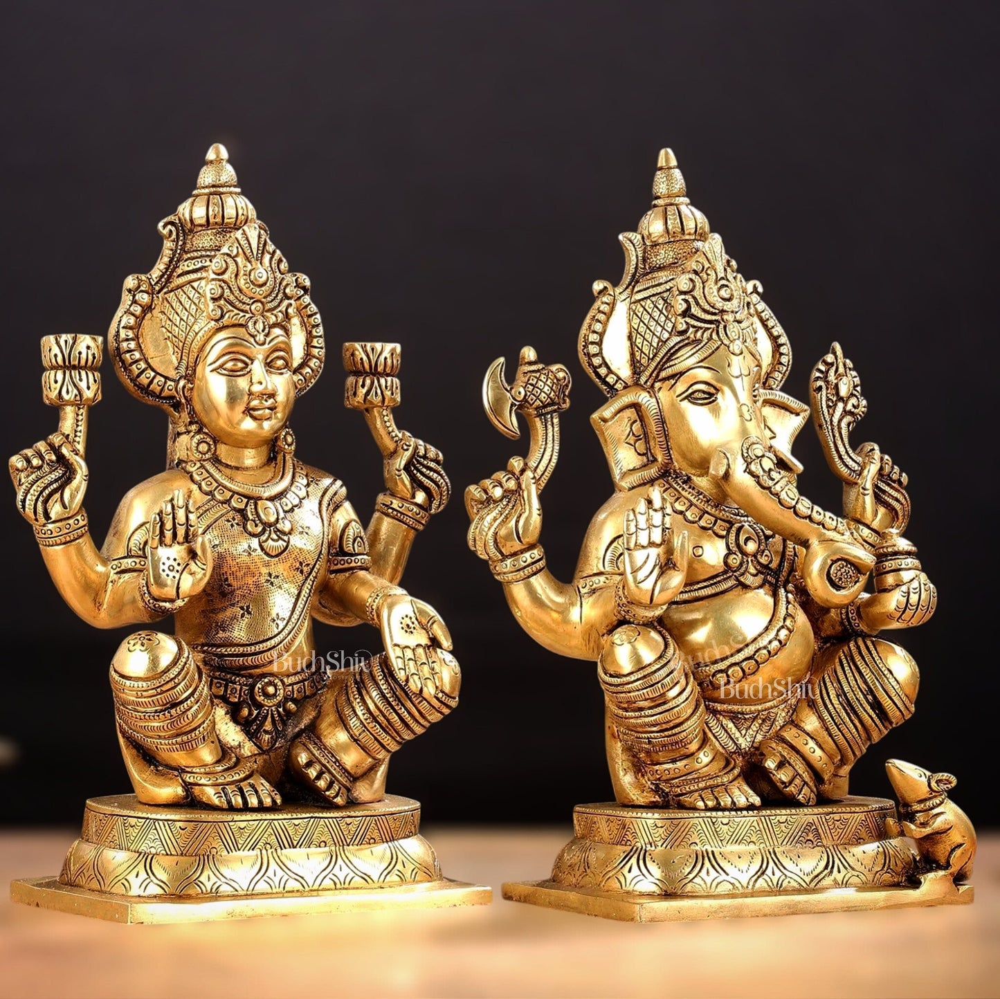 Brass Ganesha and Lakshmi Idol Pair - 11.5 Inch Statues - Budhshiv.com