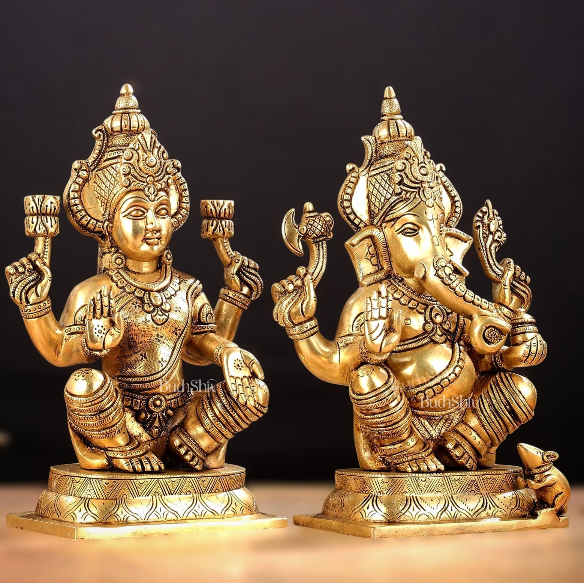 Brass Ganesha and Lakshmi Idol Pair - 11.5 Inch Statues - Budhshiv.com