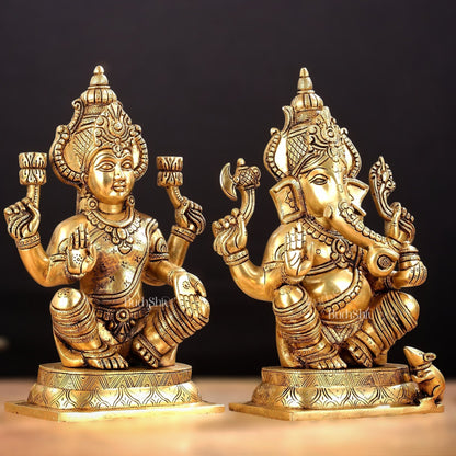 Brass Ganesha and Lakshmi Idol Pair - 11.5 Inch Statues - Budhshiv.com