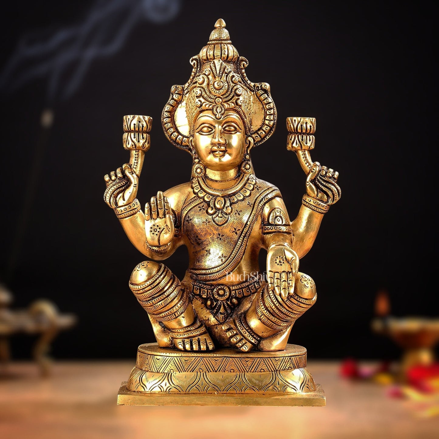 Brass Ganesha and Lakshmi Idol Pair - 11.5 Inch Statues - Budhshiv.com