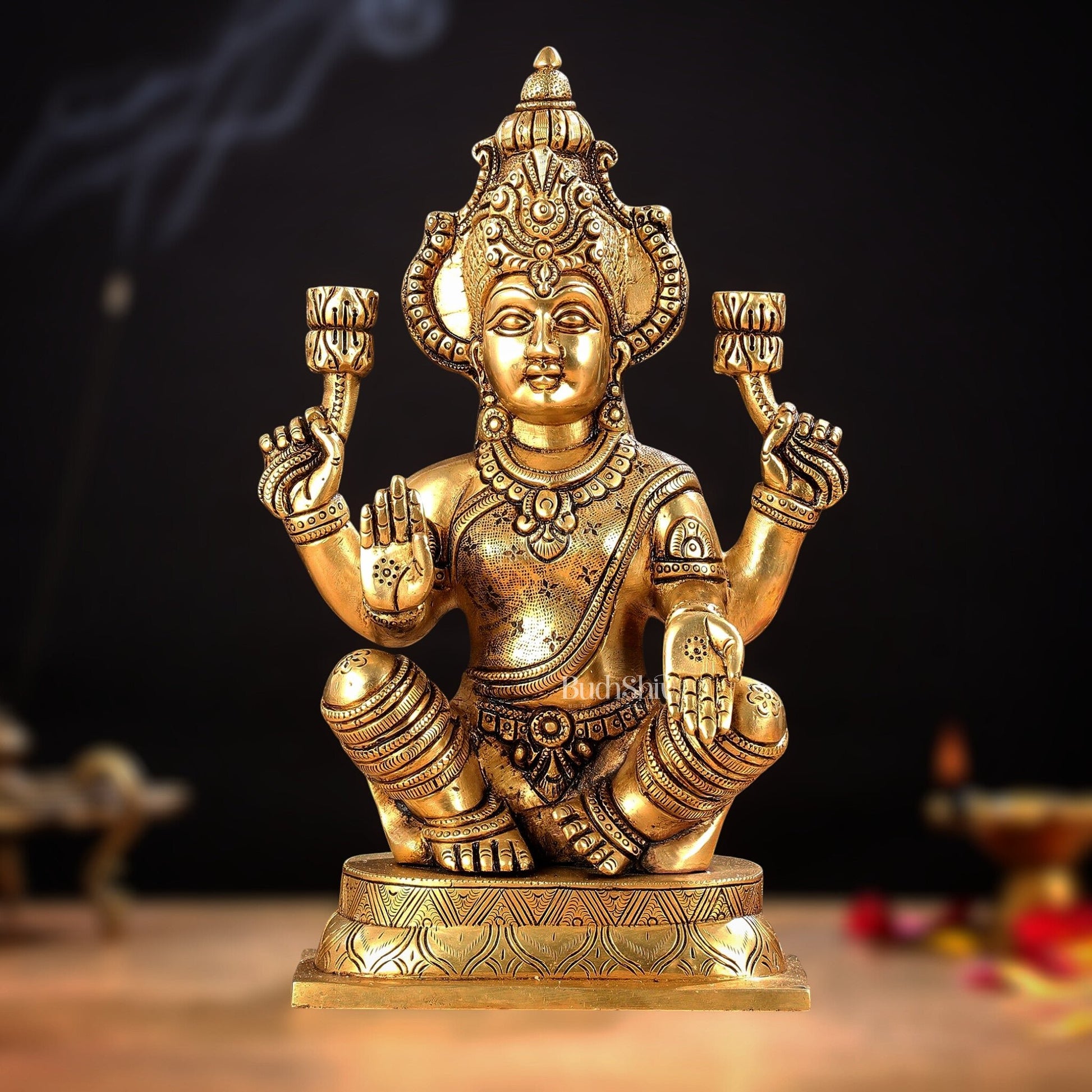Brass Ganesha and Lakshmi Idol Pair - 11.5 Inch Statues - Budhshiv.com
