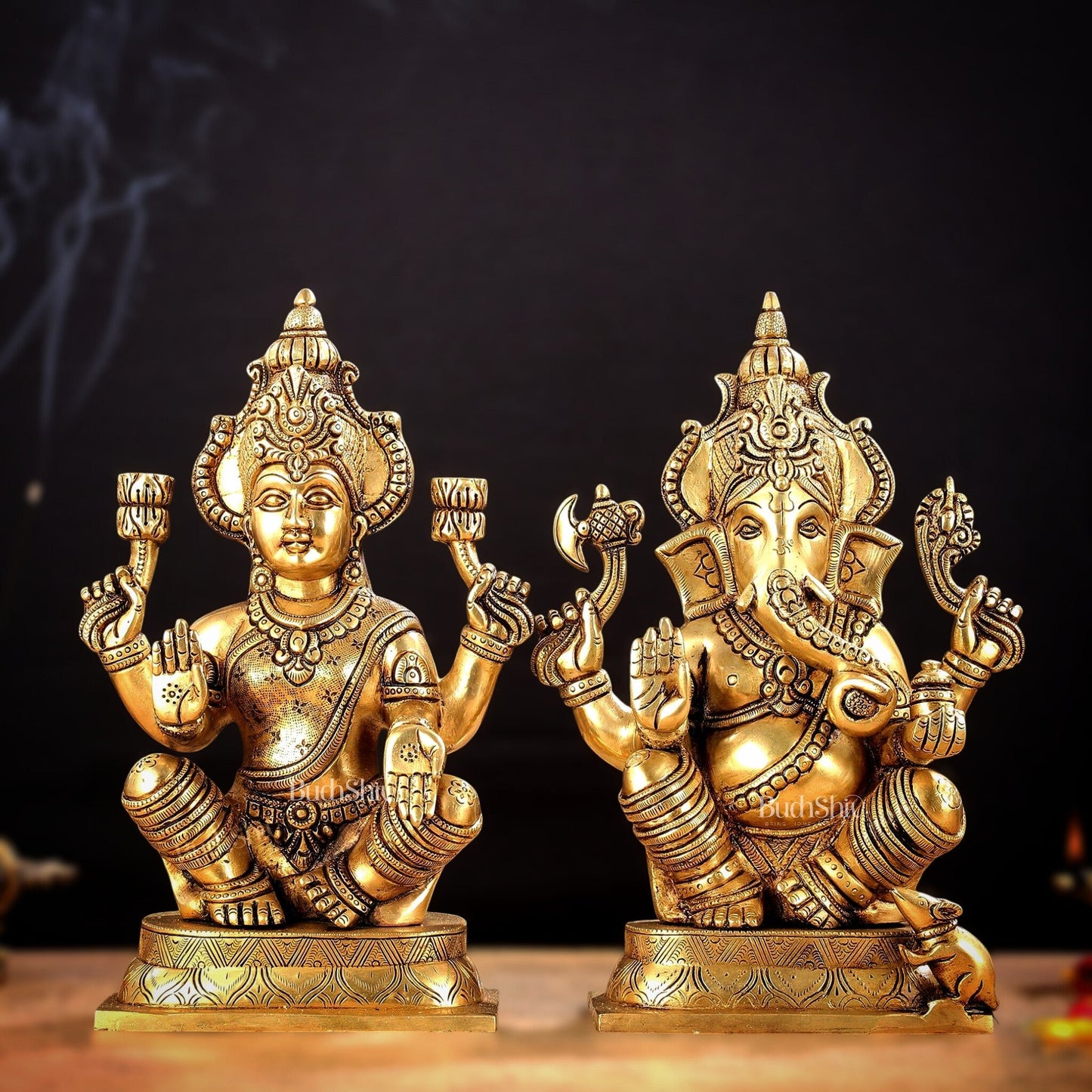 Brass Ganesha and Lakshmi Idol Pair - 11.5 Inch Statues - Budhshiv.com