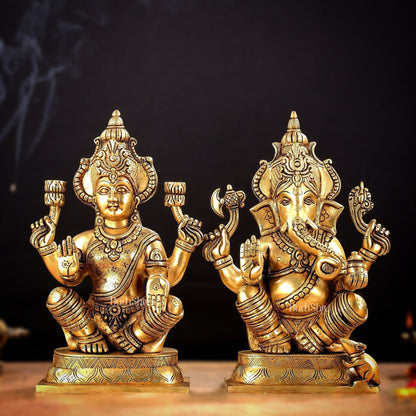 Brass Ganesha and Lakshmi Idol Pair - 11.5 Inch Statues - Budhshiv.com
