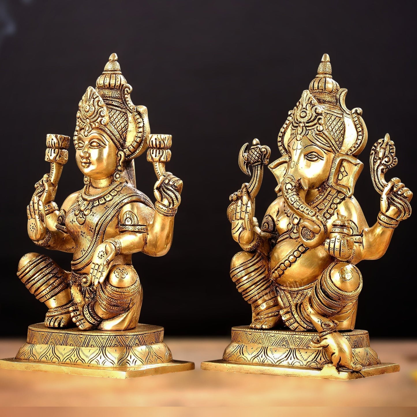 Brass Ganesha and Lakshmi Idol Pair - 11.5 Inch Statues - Budhshiv.com