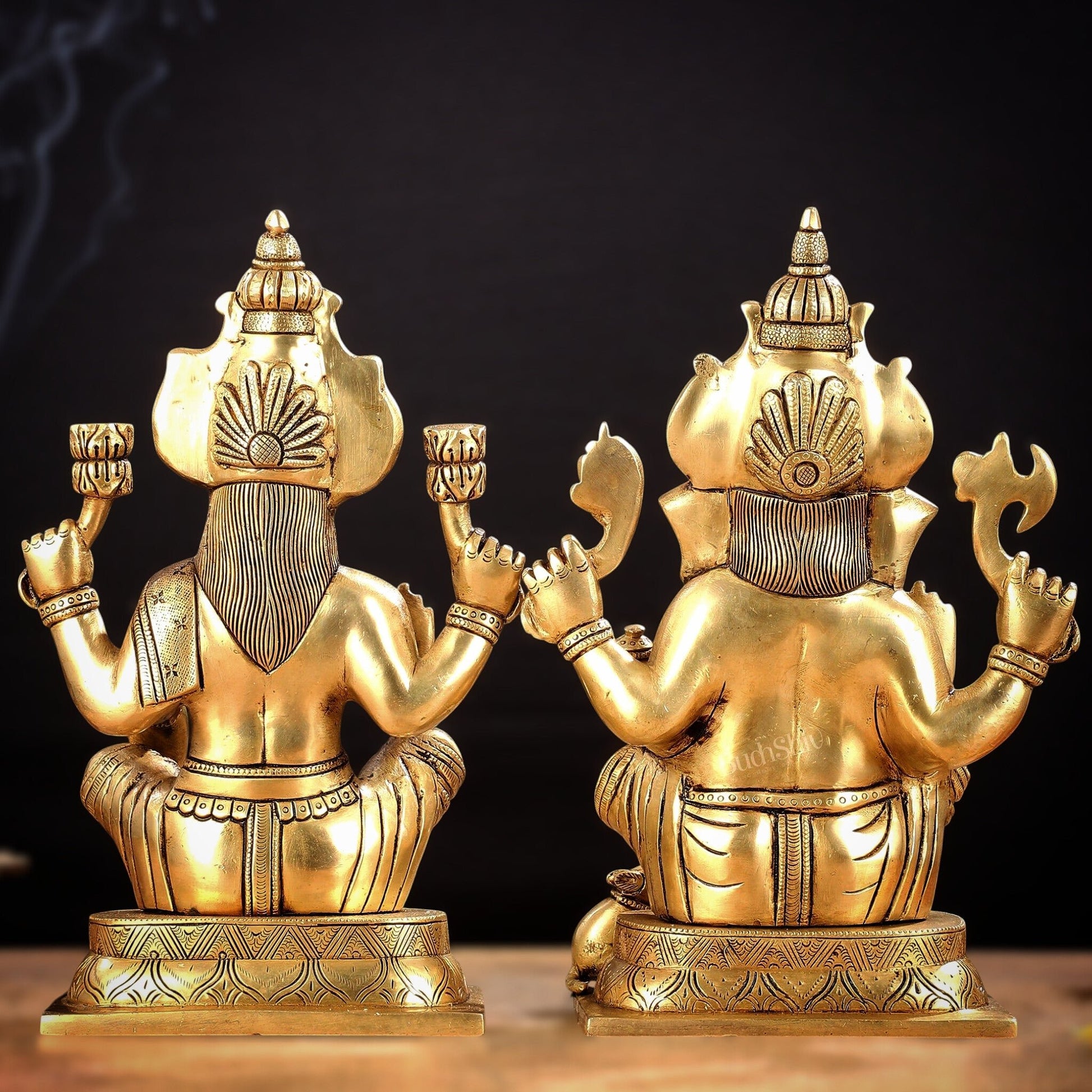 Brass Ganesha and Lakshmi Idol Pair - 11.5 Inch Statues - Budhshiv.com