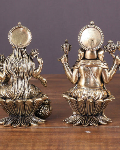 Brass Ganesha and Lakshmi Idol Pair Seated on Lotus 4" - Budhshiv.com