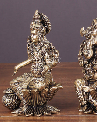 Brass Ganesha and Lakshmi Idol Pair Seated on Lotus 4" - Budhshiv.com