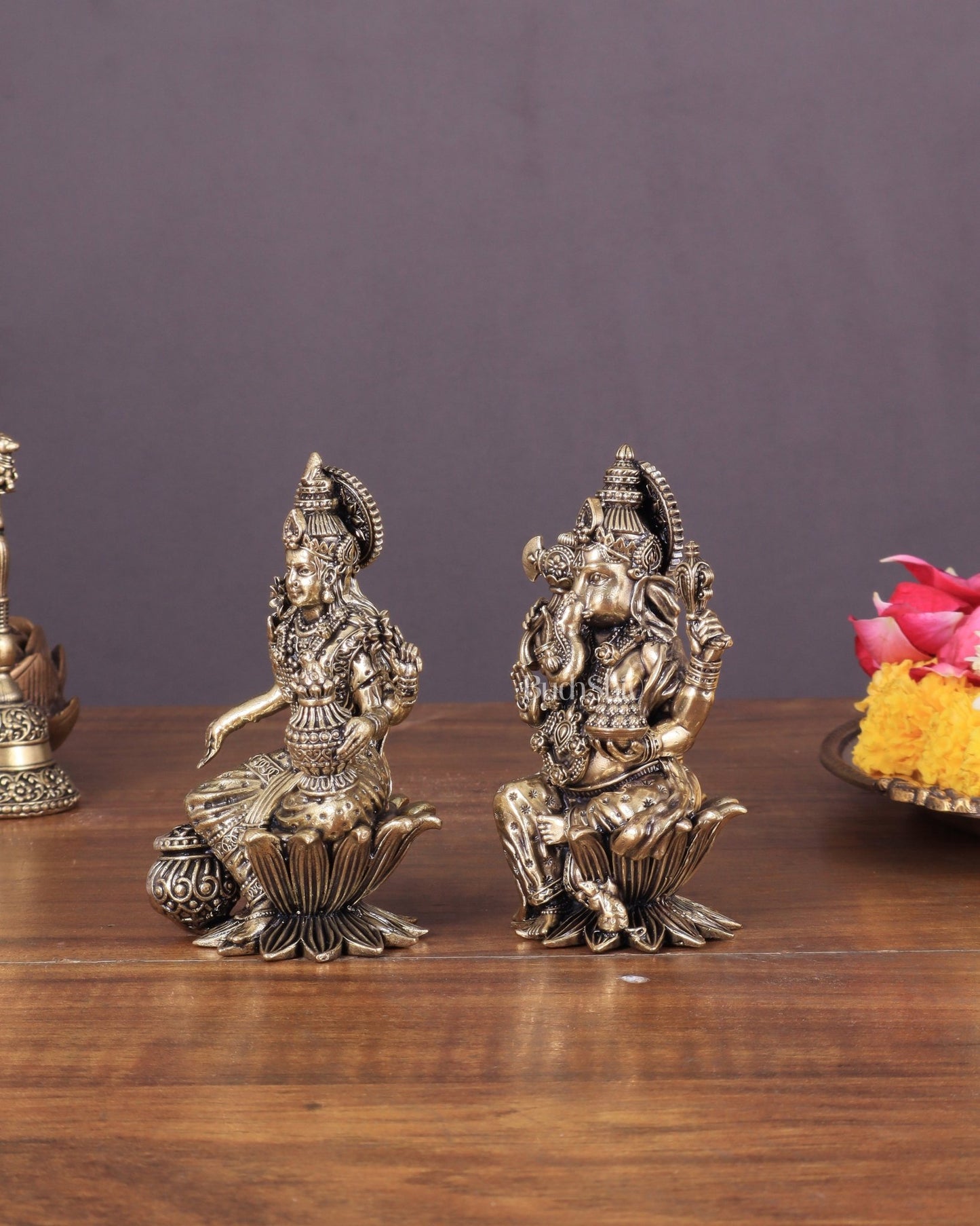 Brass Ganesha and Lakshmi Idol Pair Seated on Lotus 4" - Budhshiv.com