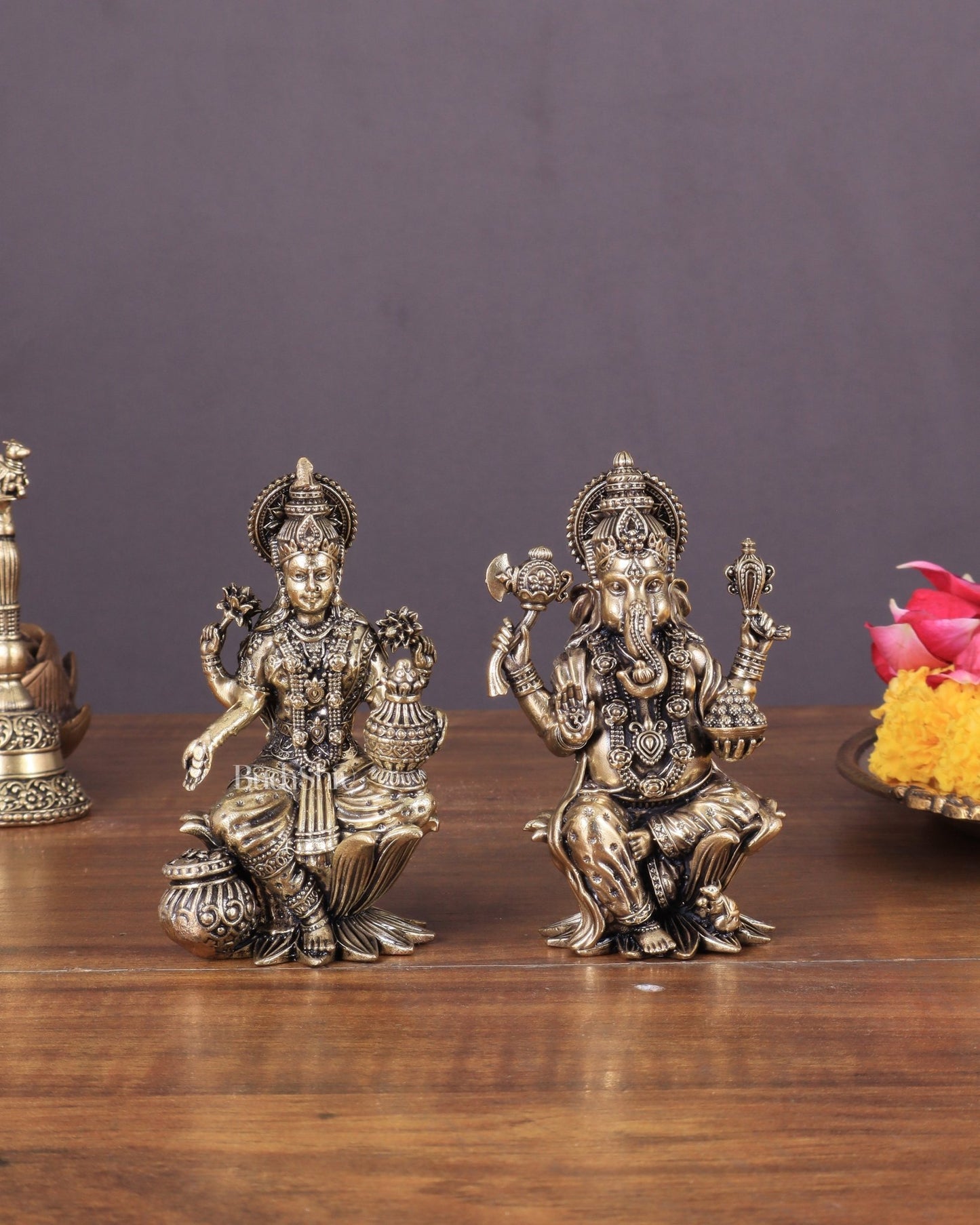 Brass Ganesha and Lakshmi Idol Pair Seated on Lotus 4" - Budhshiv.com