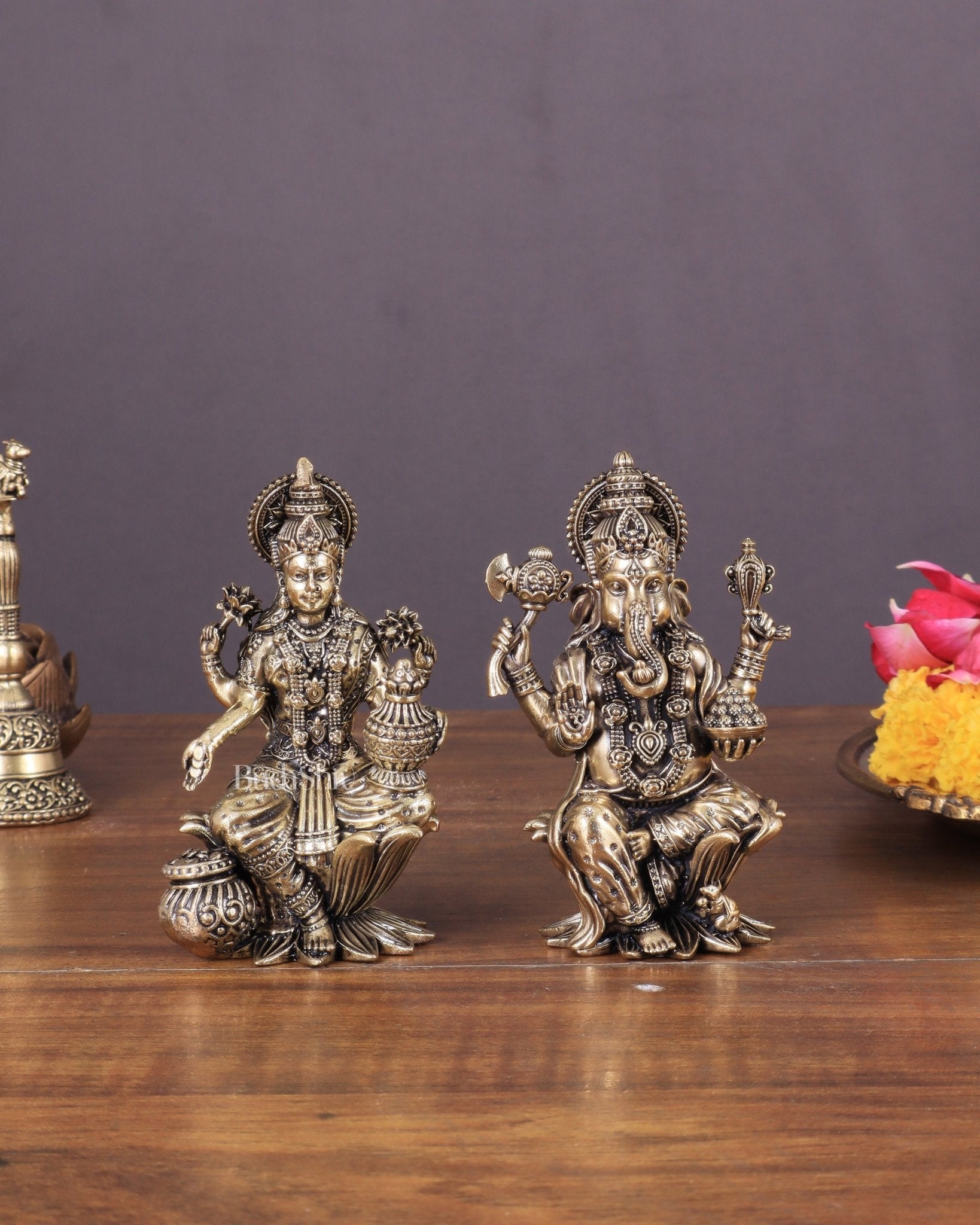 Brass Ganesha and Lakshmi Idol Pair Seated on Lotus 4" - Budhshiv.com