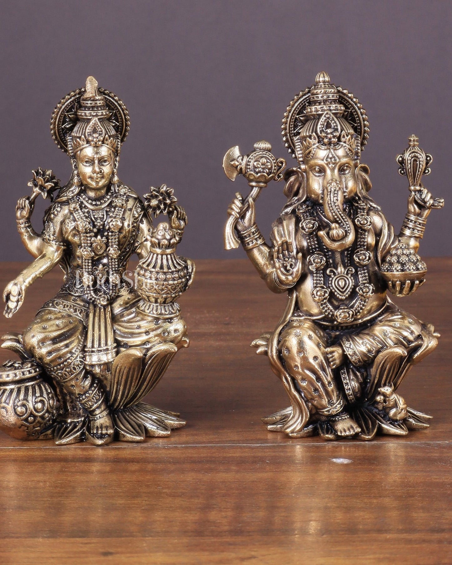 Brass Ganesha and Lakshmi Idol Pair Seated on Lotus 4" - Budhshiv.com