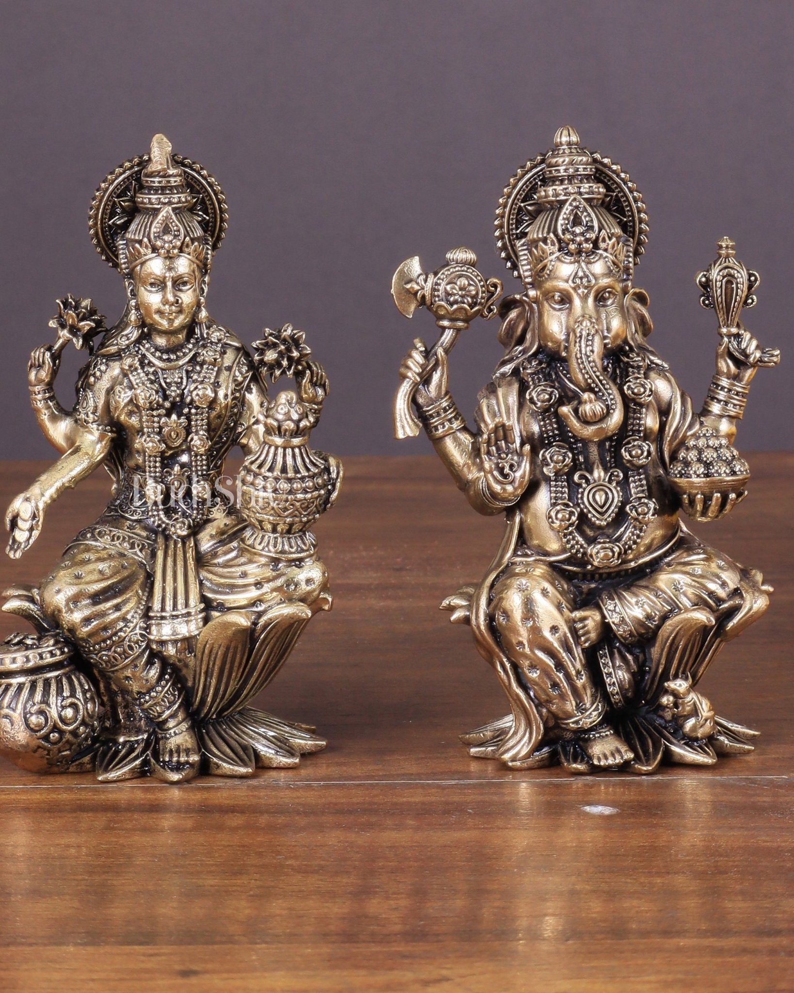 Brass Ganesha and Lakshmi Idol Pair Seated on Lotus 4" - Budhshiv.com