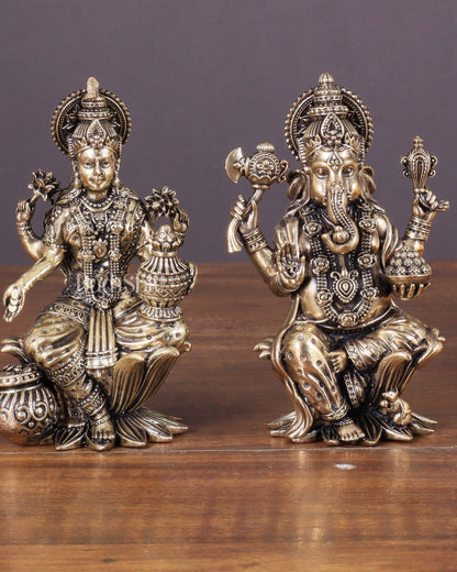 Brass Ganesha and Lakshmi Idol Pair Seated on Lotus 4" - Budhshiv.com