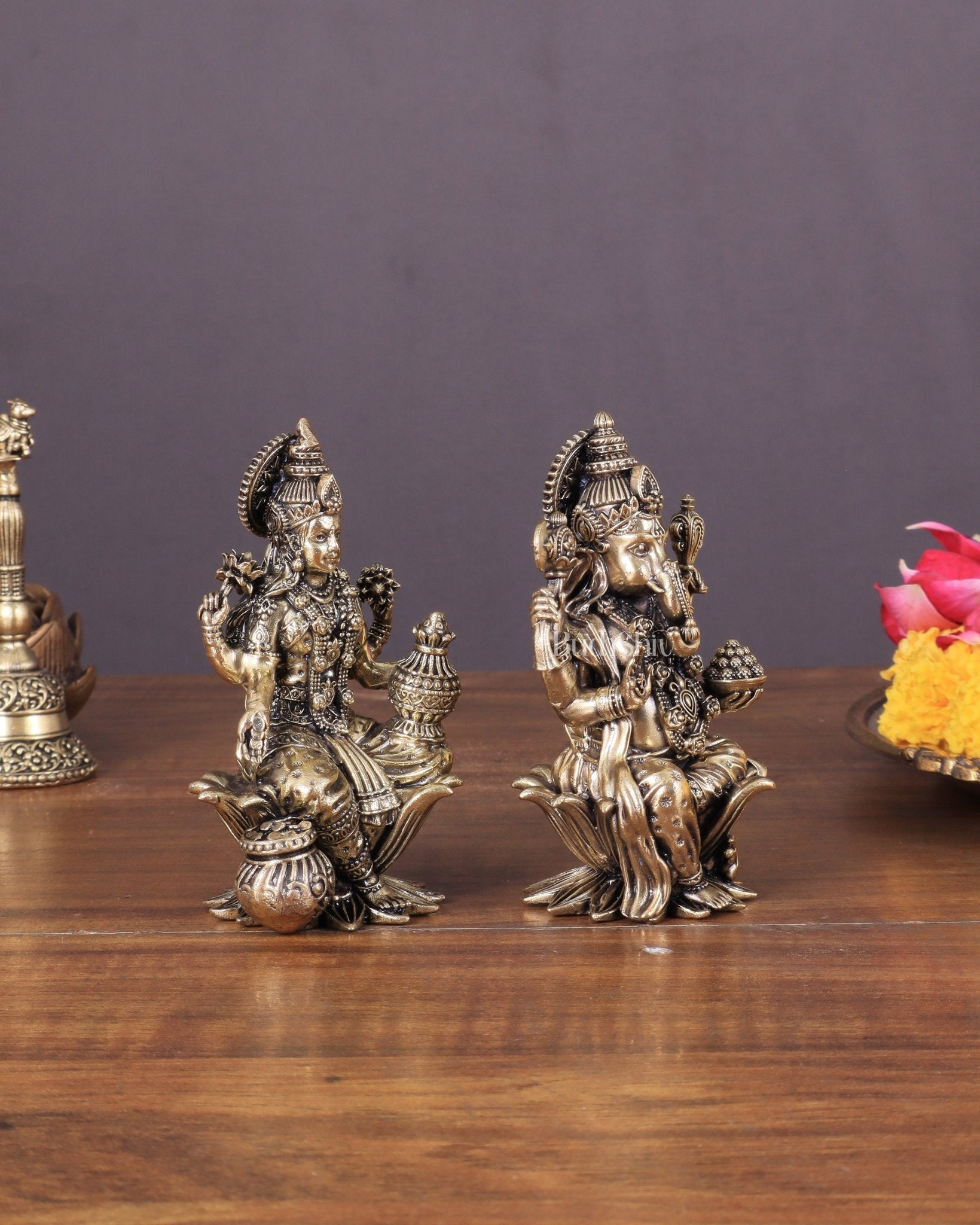 Brass Ganesha and Lakshmi Idol Pair Seated on Lotus 4" - Budhshiv.com