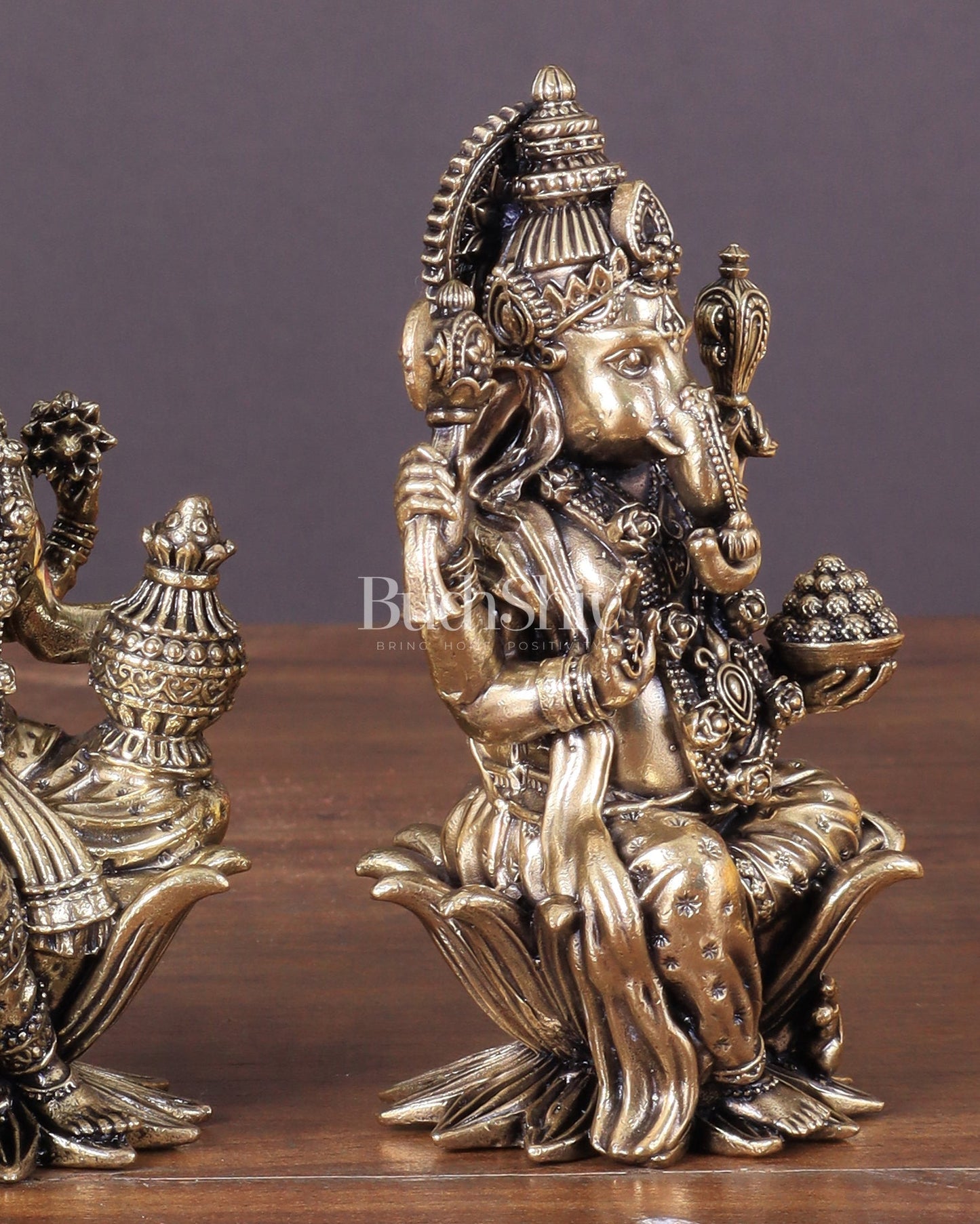 Brass Ganesha and Lakshmi Idol Pair Seated on Lotus 4" - Budhshiv.com