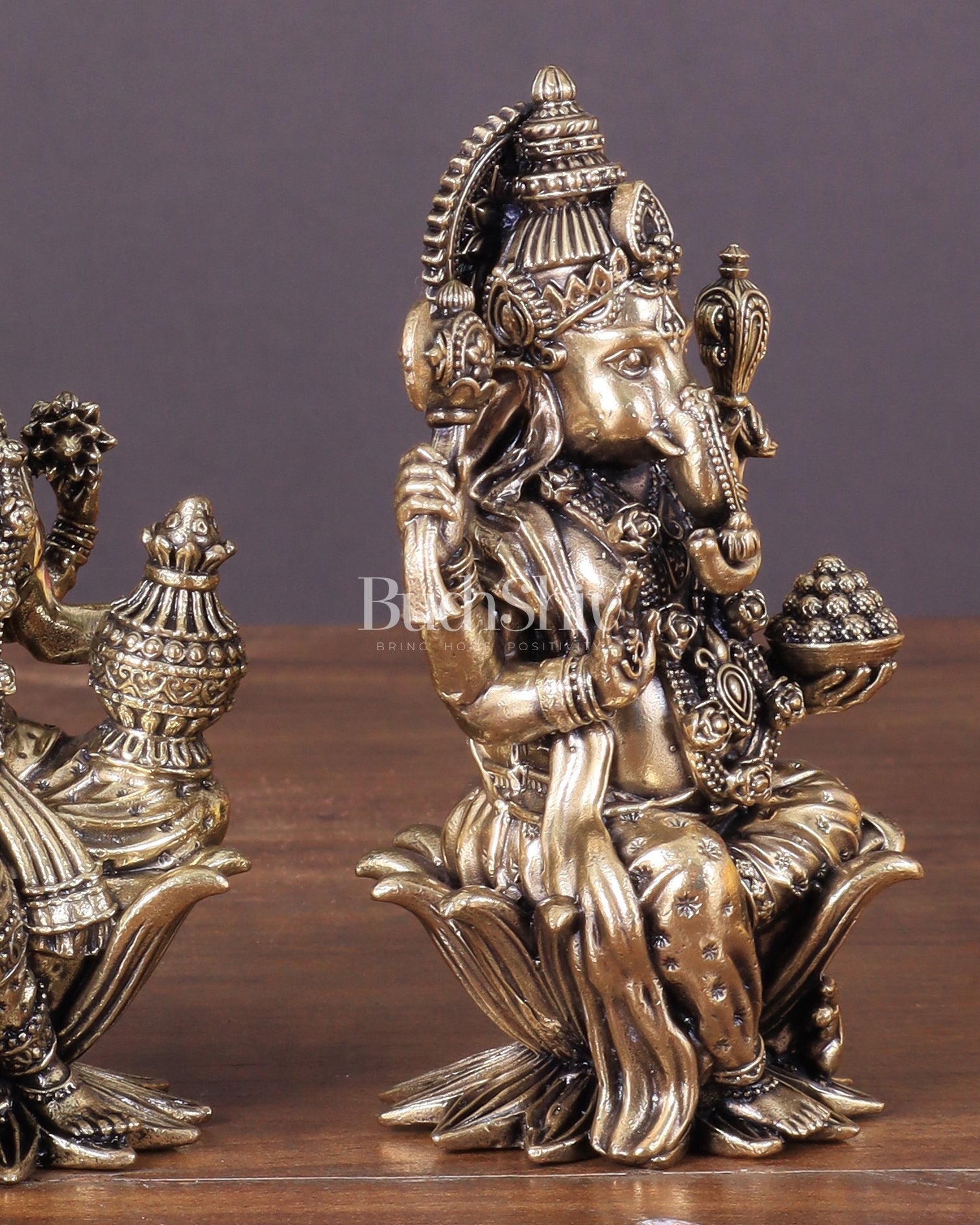 Brass Ganesha and Lakshmi Idol Pair Seated on Lotus 4" - Budhshiv.com
