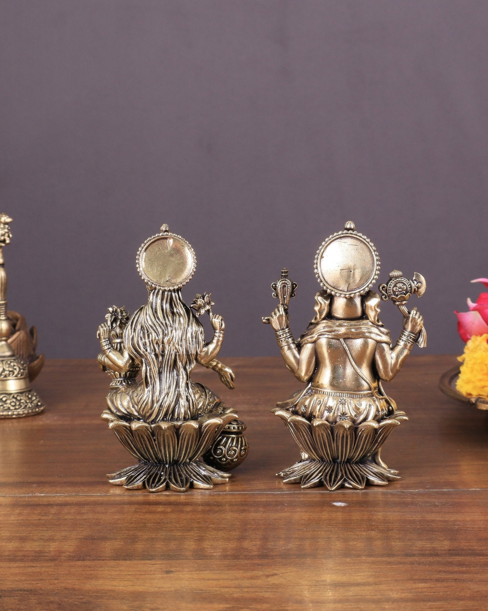 Brass Ganesha and Lakshmi Idol Pair Seated on Lotus 4" - Budhshiv.com