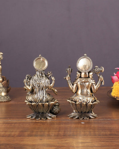 Brass Ganesha and Lakshmi Idol Pair Seated on Lotus 4" - Budhshiv.com