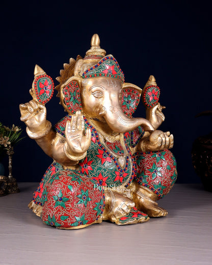 Brass ganesha Chubby Idol floral stonework 13 inch - Budhshiv.com