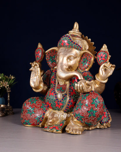 Brass ganesha Chubby Idol floral stonework 13 inch - Budhshiv.com