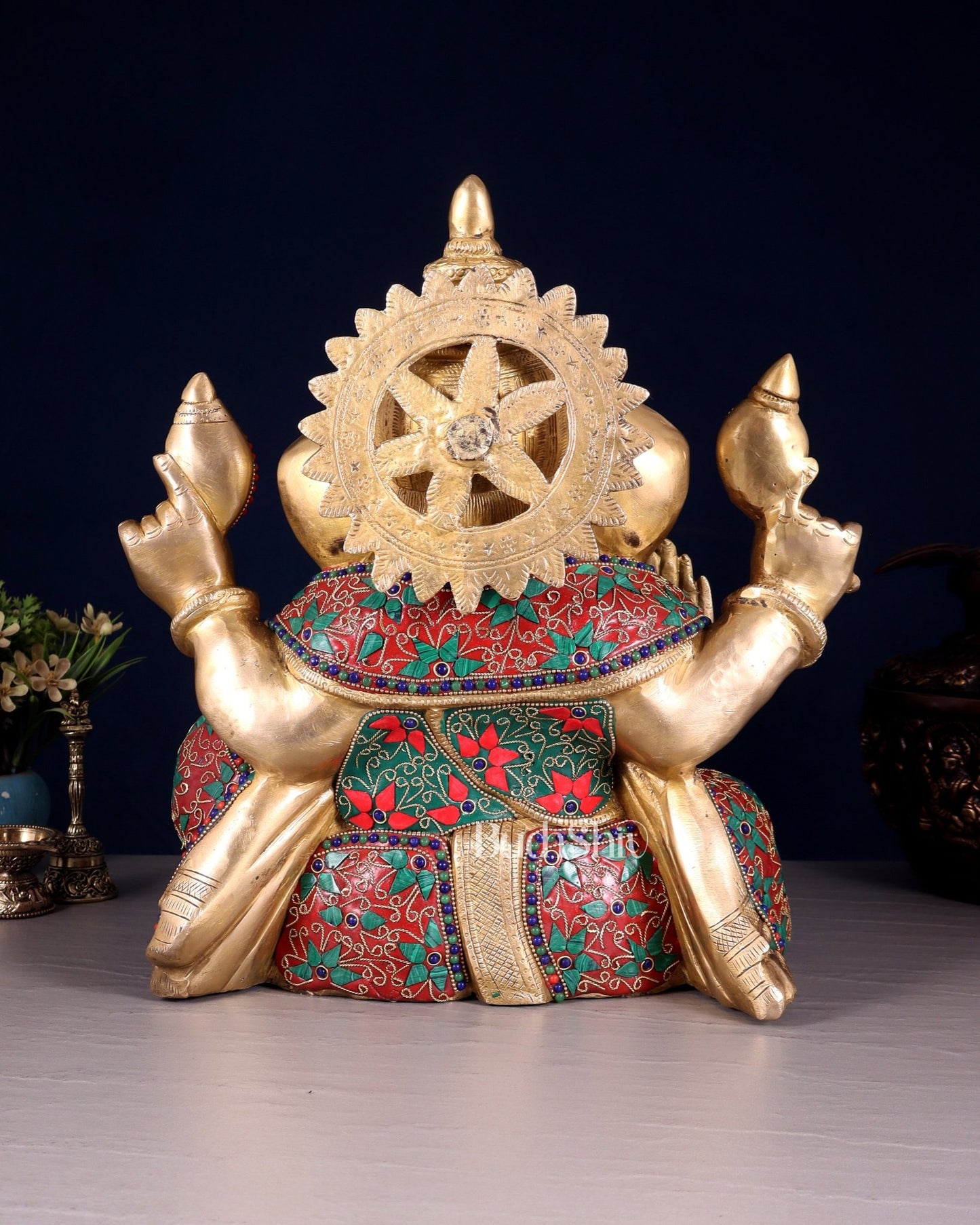 Brass ganesha Chubby Idol floral stonework 13 inch - Budhshiv.com