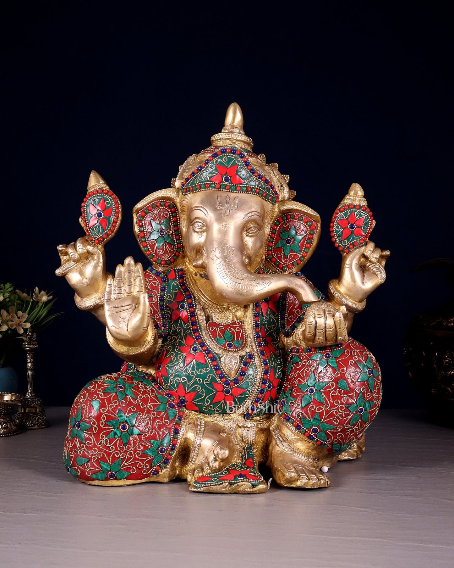 Brass ganesha Chubby Idol floral stonework 13 inch - Budhshiv.com