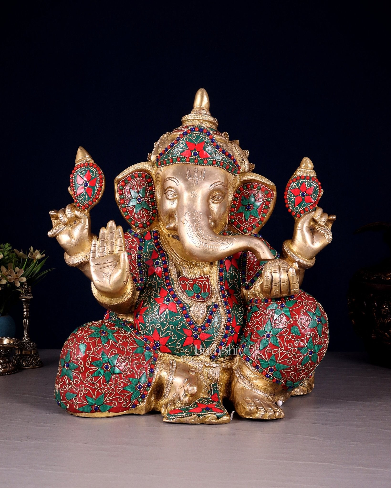 Brass ganesha Chubby Idol floral stonework 13 inch - Budhshiv.com