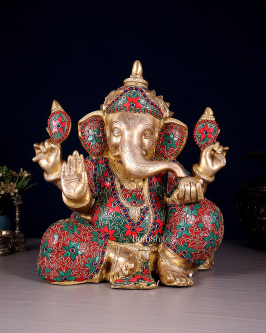 Brass ganesha Chubby Idol floral stonework 13 inch - Budhshiv.com