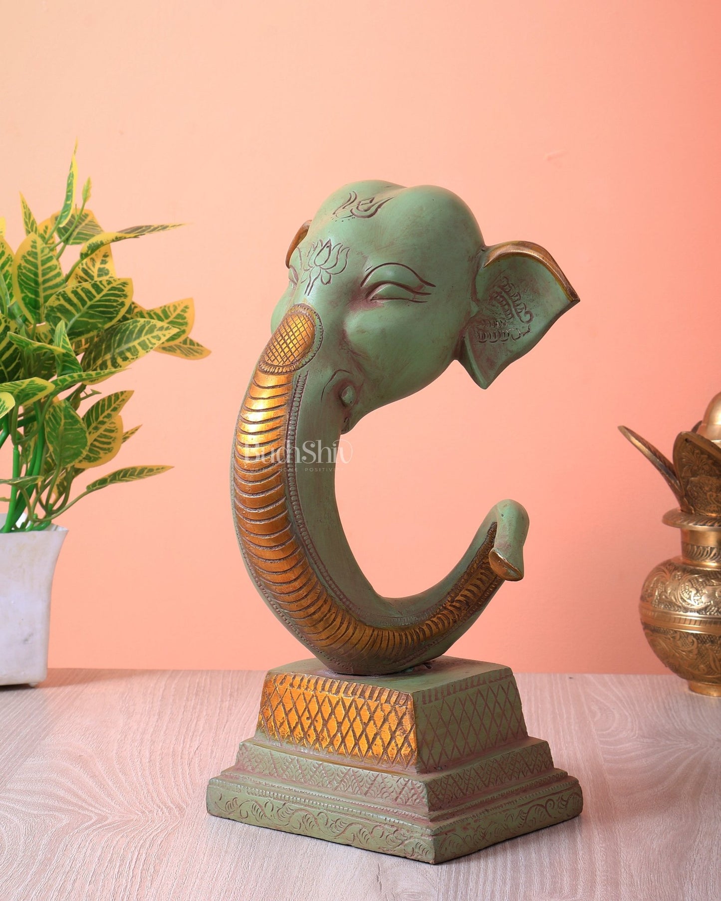Brass Ganesha Face Mural Abstract Design (Green Tone, 11.5 Inch) - Budhshiv.com
