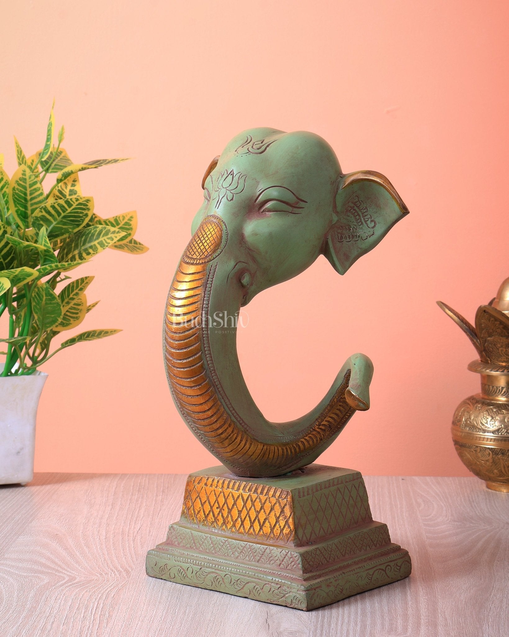 Brass Ganesha Face Mural Abstract Design (Green Tone, 11.5 Inch) - Budhshiv.com