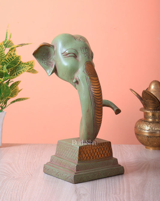 Brass Ganesha Face Mural Abstract Design (Green Tone, 11.5 Inch) - Budhshiv.com