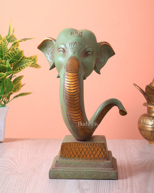 Brass Ganesha Face Mural Abstract Design (Green Tone, 11.5 Inch) - Budhshiv.com