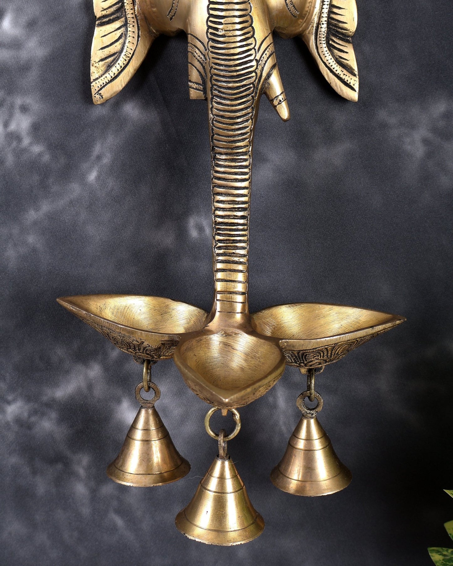 Brass Ganesha Face Wall Hanging with Three Diyas & Bells – Handcrafted Divine Wall Décor 17.5 inch - Budhshiv.com