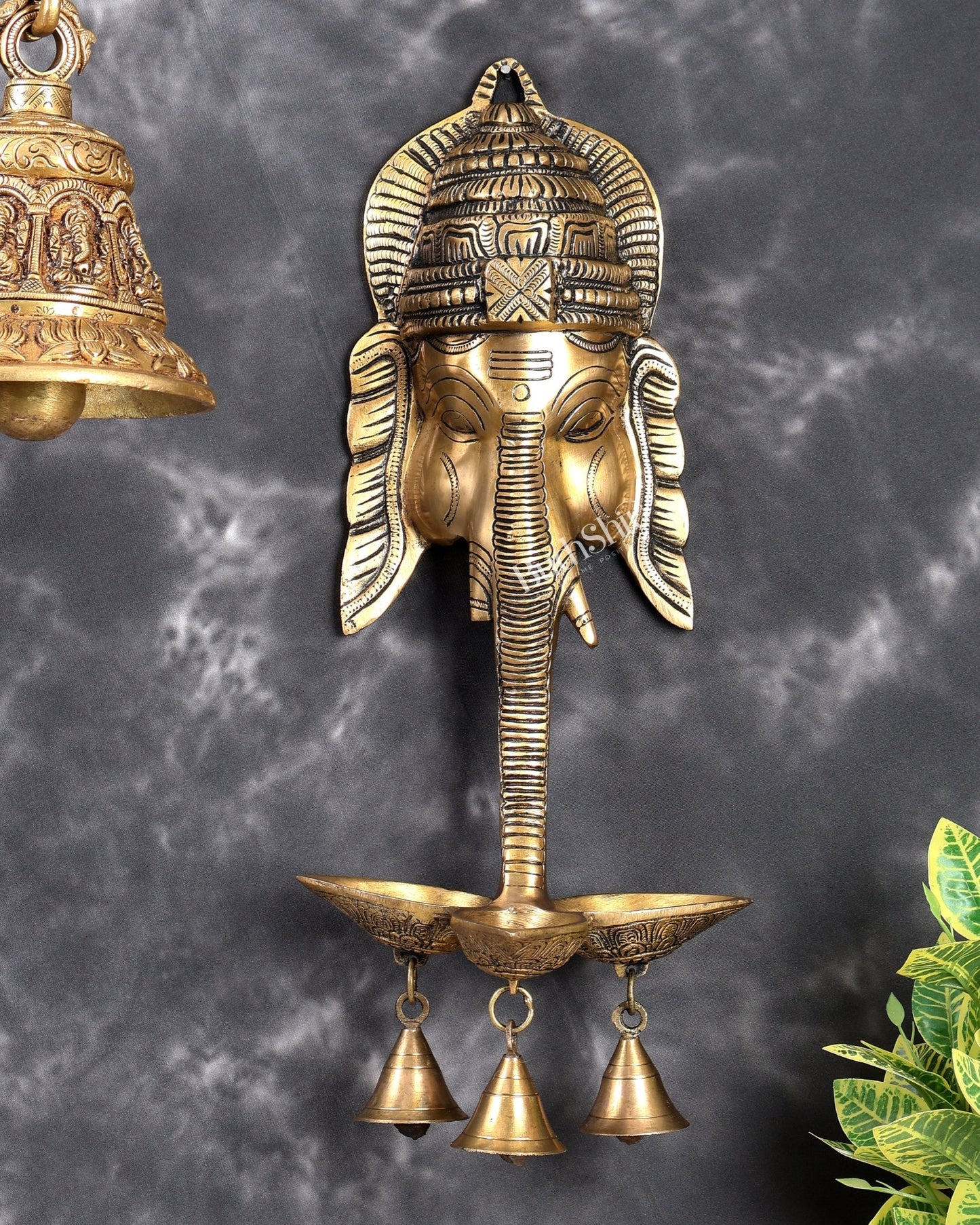 Brass Ganesha Face Wall Hanging with Three Diyas & Bells – Handcrafted Divine Wall Décor 17.5 inch - Budhshiv.com