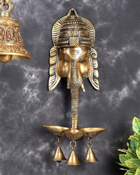 Brass Ganesha Face Wall Hanging with Three Diyas & Bells – Handcrafted Divine Wall Décor 17.5 inch - Budhshiv.com