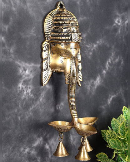Brass Ganesha Face Wall Hanging with Three Diyas & Bells – Handcrafted Divine Wall Décor 17.5 inch - Budhshiv.com