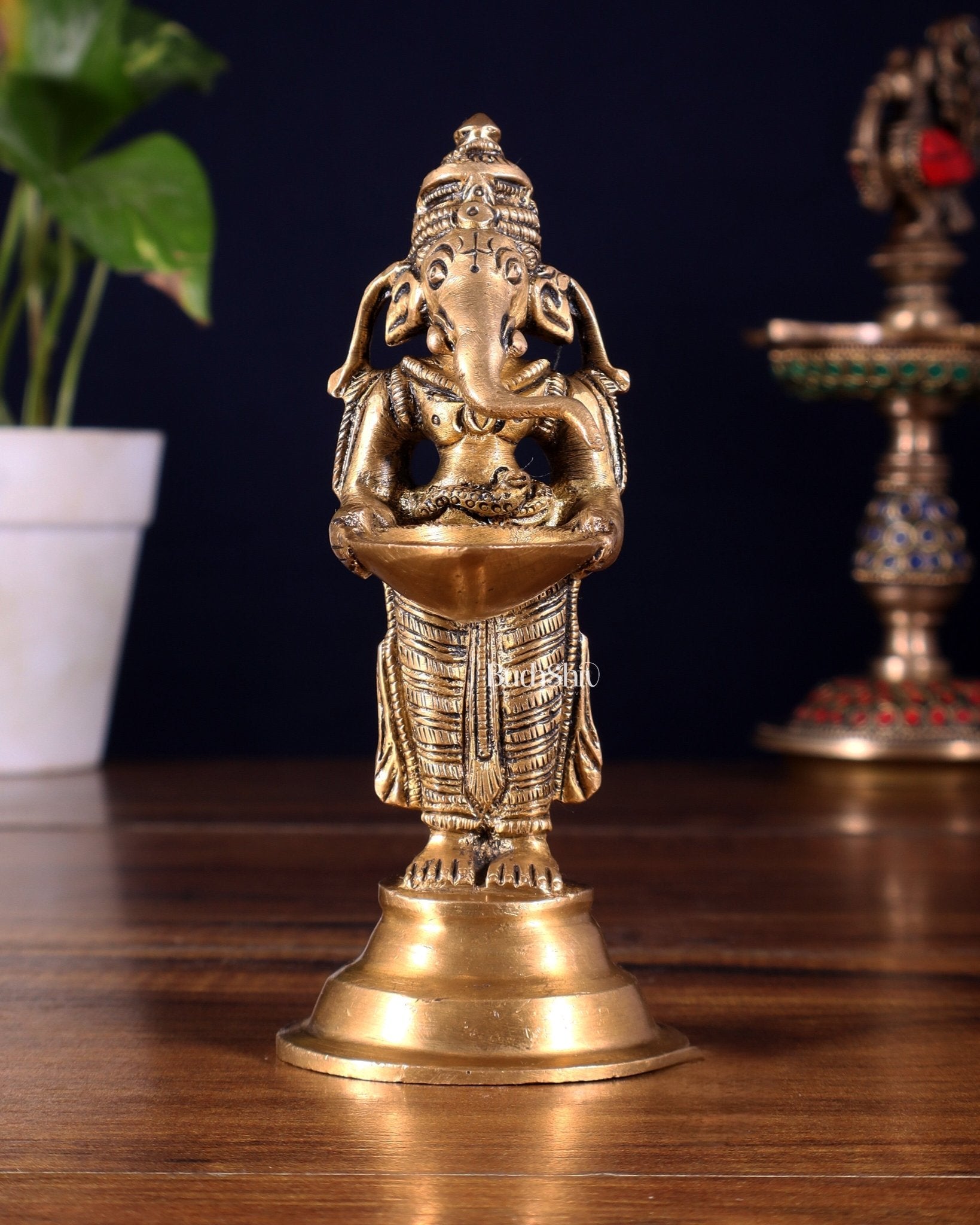 Brass Ganesha Holding Single Diya Statue 5.5" - Budhshiv.com