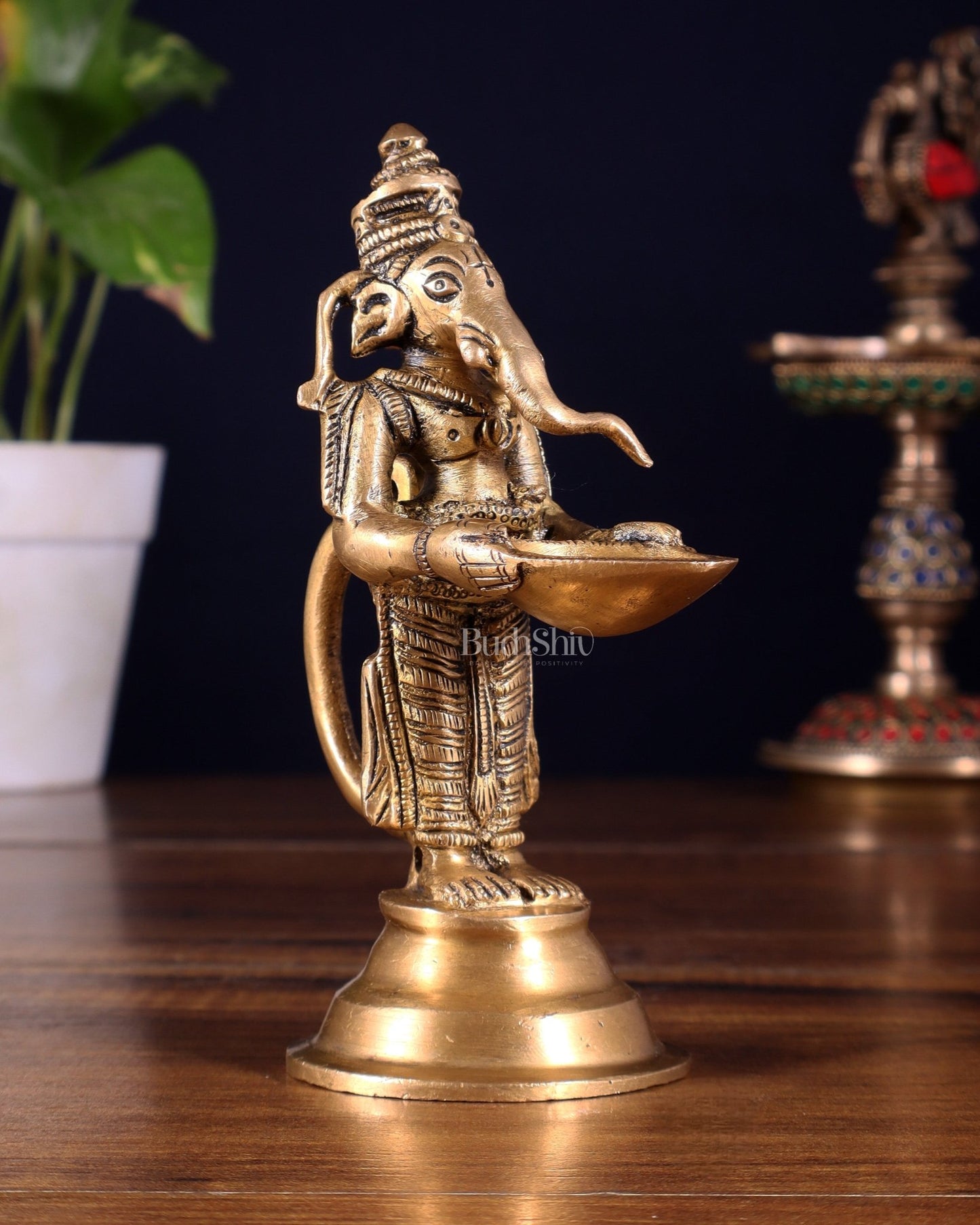 Brass Ganesha Holding Single Diya Statue 5.5" - Budhshiv.com