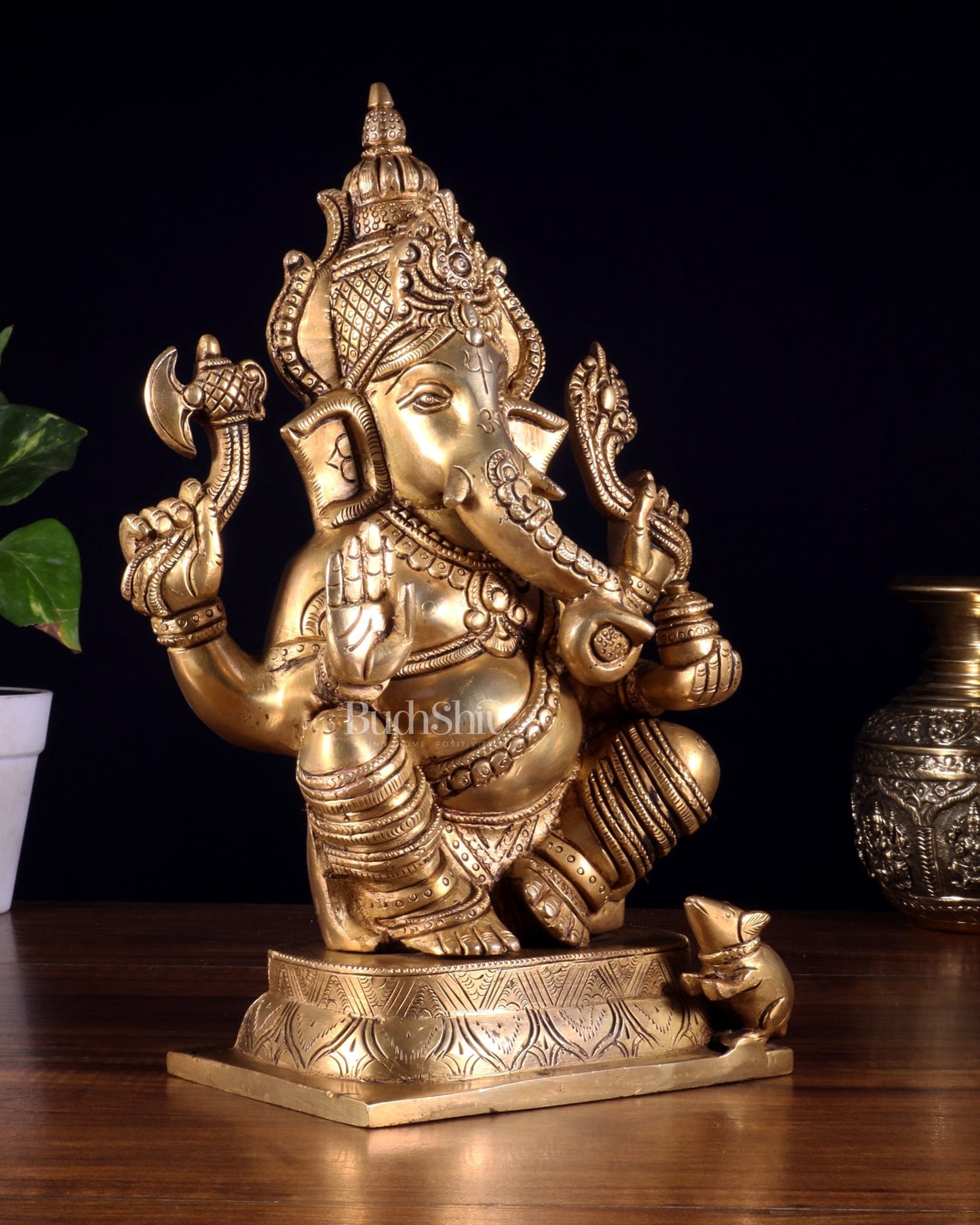 Brass Ganesha Idol - 11.5 Inch Statue enhanced carvings - Budhshiv.com