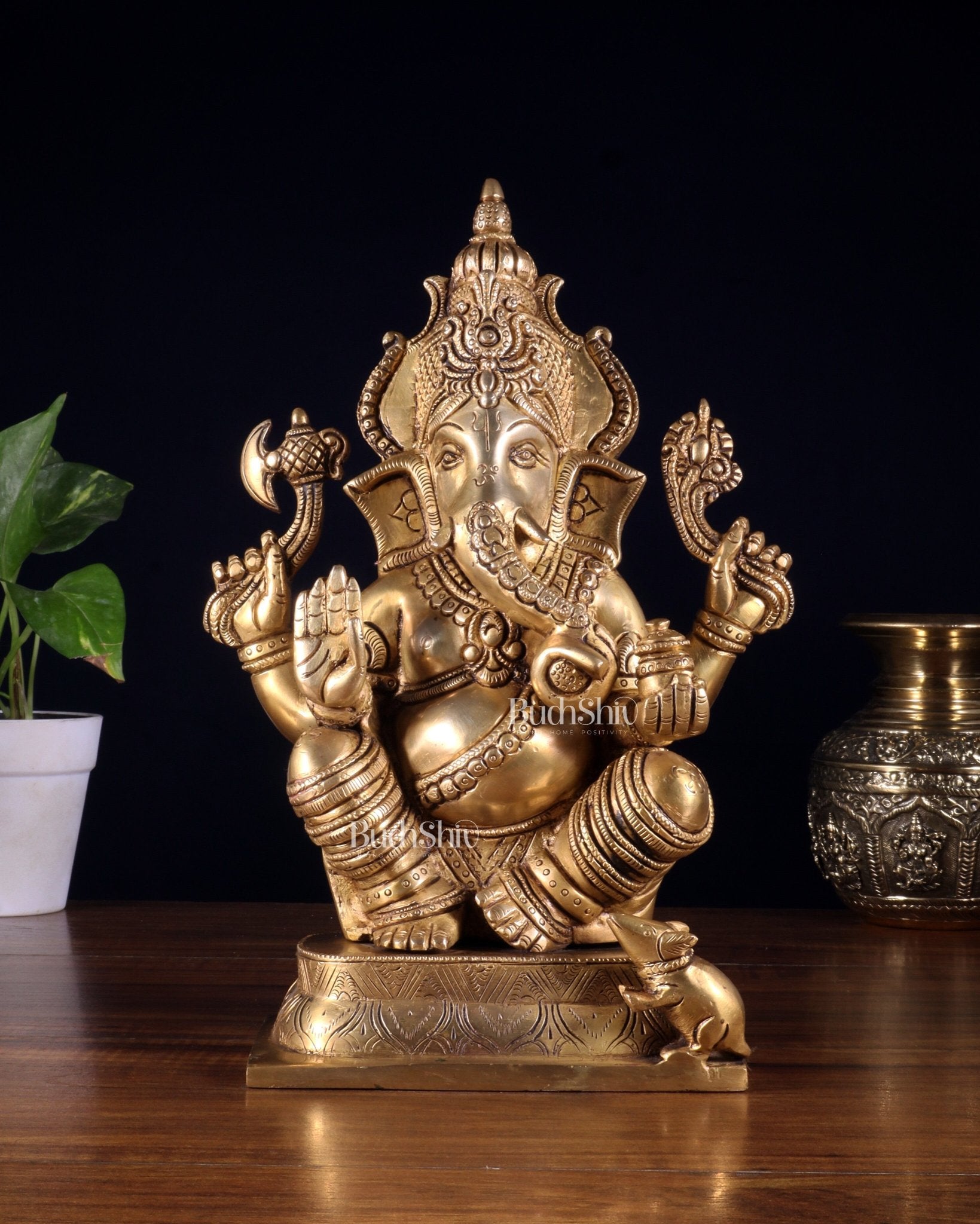 Brass Ganesha Idol - 11.5 Inch Statue enhanced carvings - Budhshiv.com